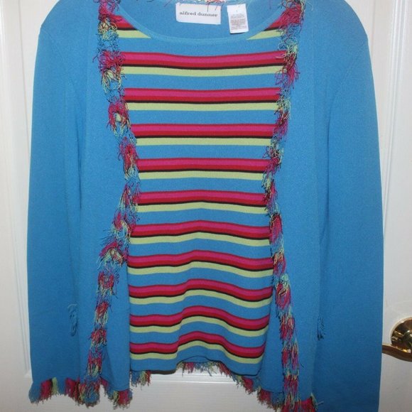 Alfred Dunner aqua red stripe faux sweater set eyelash trim Small EUC - Picture 3 of 5